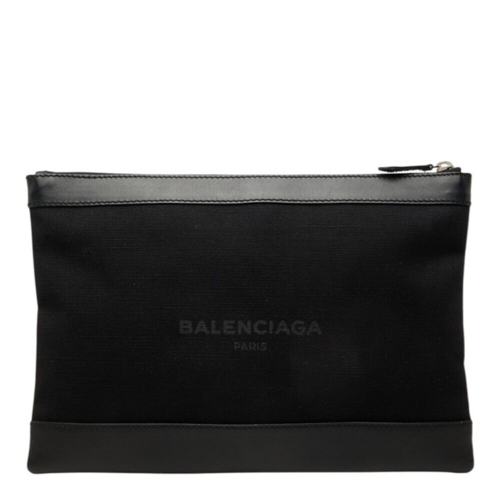 Balenciaga Navy Clip Clutch Bag, Second 373834, Black Canvas Leather, Women's...